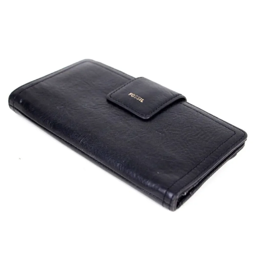 FOSSIL BLACK GENUINE LEATHER ID CARD COIN HOLDER BILL BIFOLD WALLET PURSE